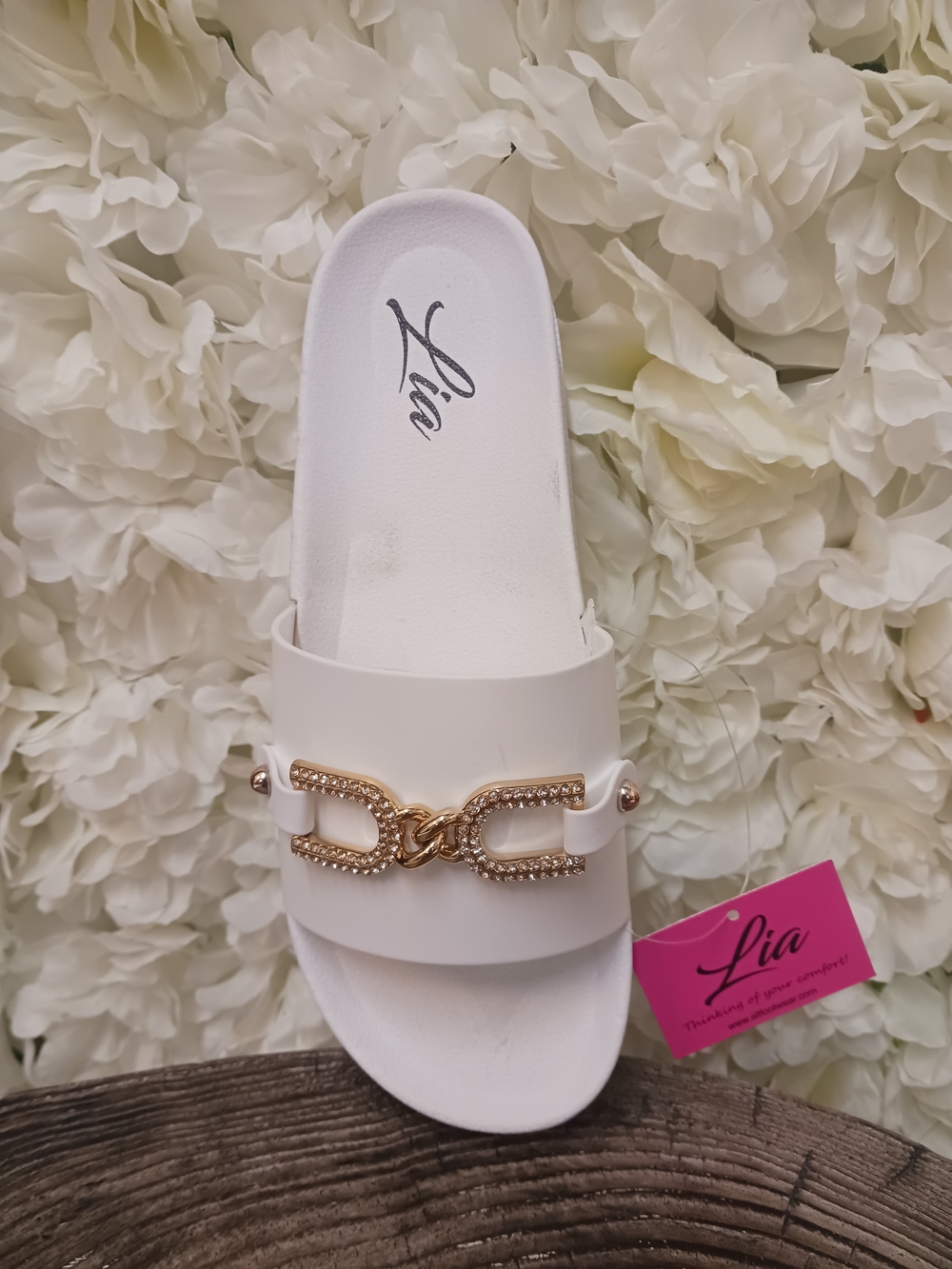 Lia Women's White Slide Sandal with Gold Accent